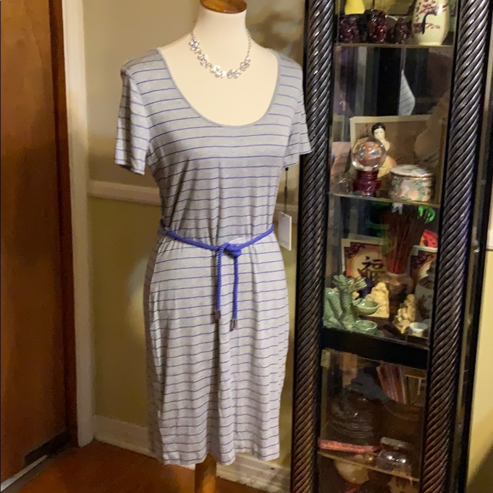 NEW CALVIN KLEIN GRAY AND PURPLE STRIPES TEE DRESS